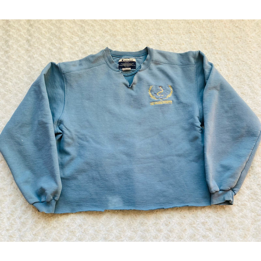 Champion USS Massachusetts Navy Battleship Blue Cutoff Cotton Crew Sweatshirt